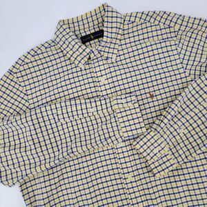 Ralph Lauren Mens Yellow/Blue Plaid Long Sleeve Cotton Button Brown Pony Shirt L